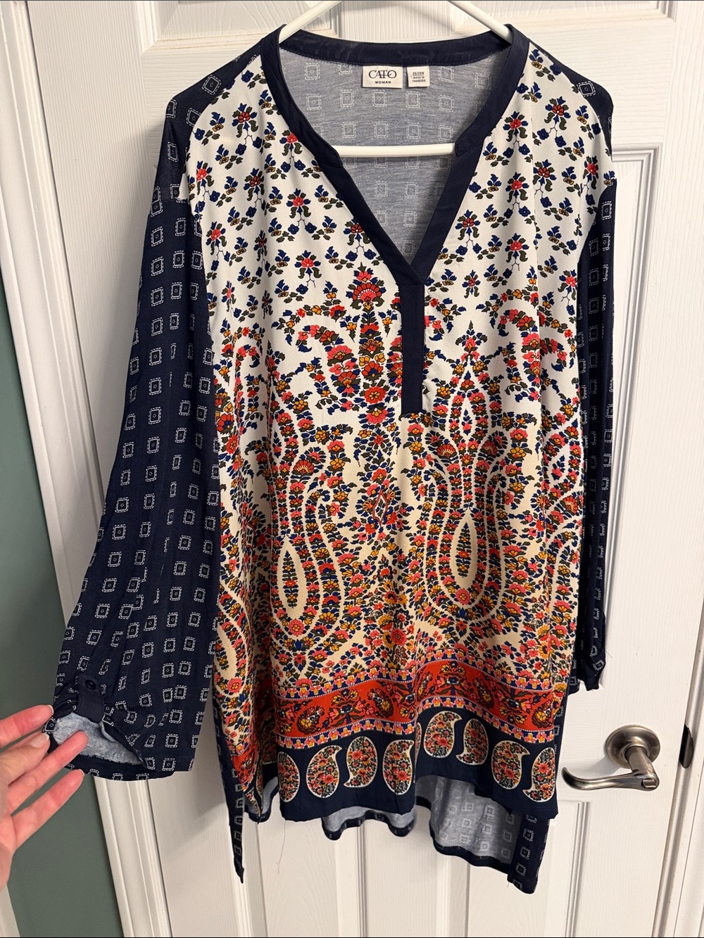Cato Navy, White, Red & Orange Paisley Print Blouse